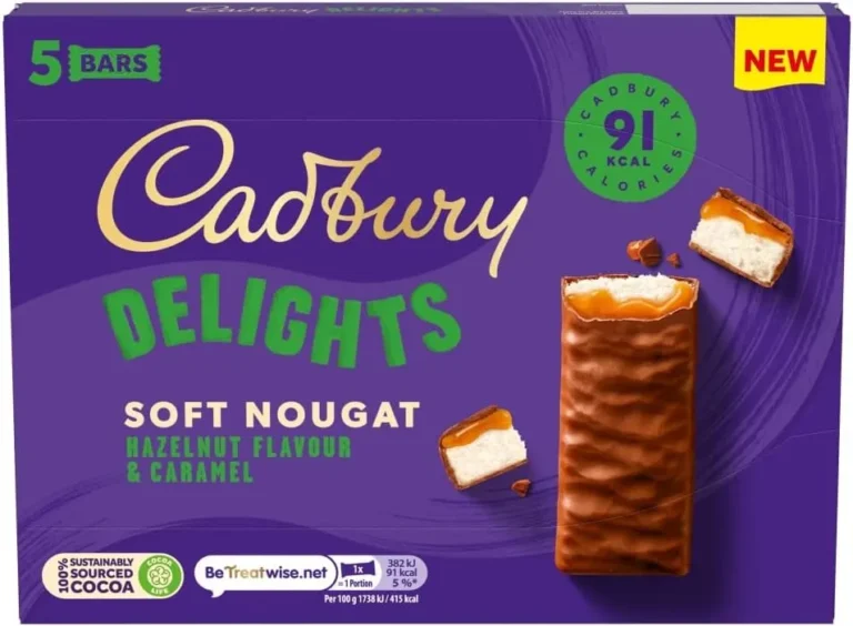 Cadbury Delights Soft Nougat Hazelnut Flavour & Caramel Bars, Chewy Nougat Bars , Multipack of 5 x 22 g